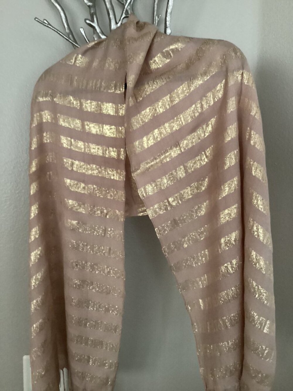 Gold and tan woman's scarf, shawl with fringe (68" x 20")
